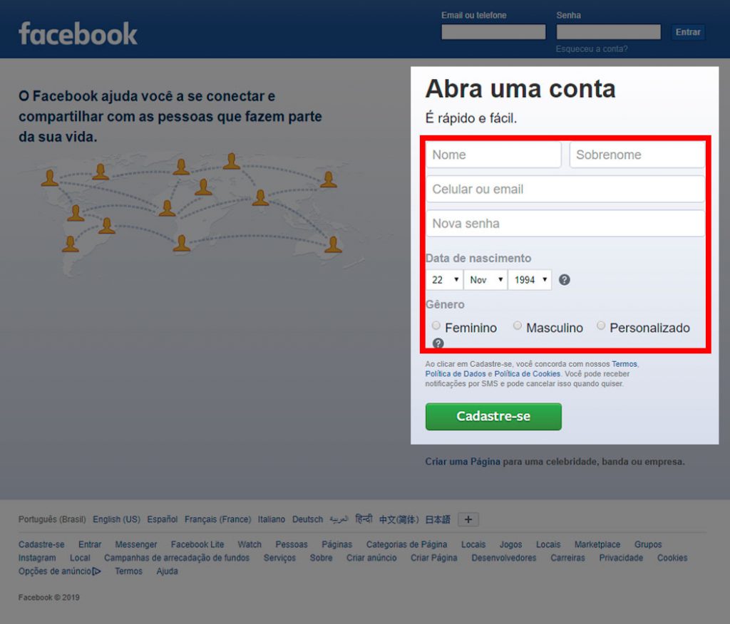 Facebook entrar página inicial